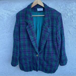 VNTG Oversized Plaid Blazer SZ 12 Purple & Green Wool Jacket Twee Preppy Quirky